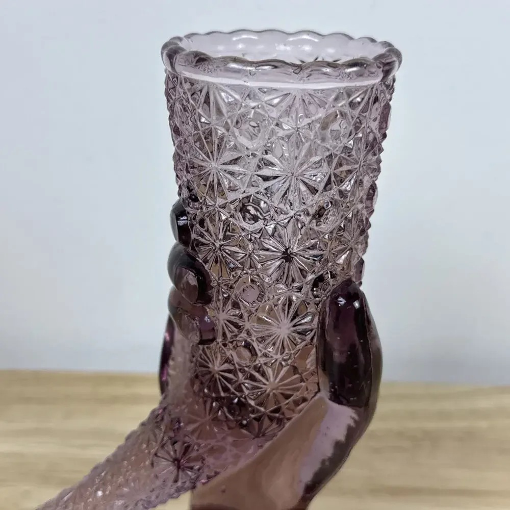 VINTAGE Fenton Art Glass Lavender Hand Holding Cornucopia Vase Daisy & Button 6”
